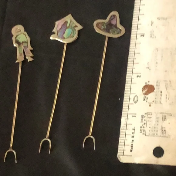 Mexican sterling silver & mother of Pearl snack picks, vintage handmade 4” - Picture 5 of 5